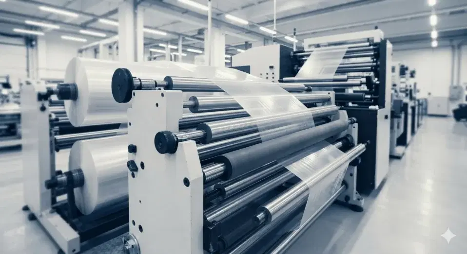 Primary slitter cutting a jumbo roll of film into customer rolls